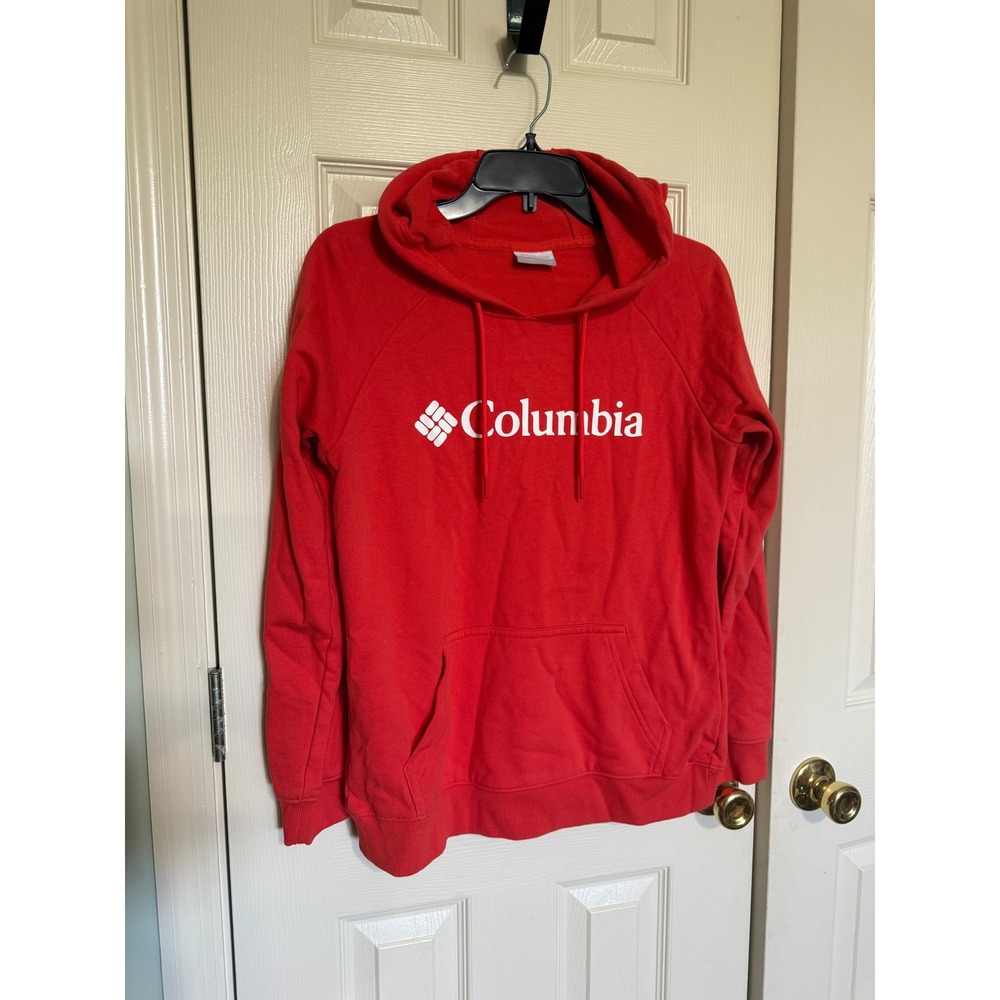 Columbia Womens Red Logo Pullover Hoodie Sweatshirt Small Raglan Sleeve Cotton